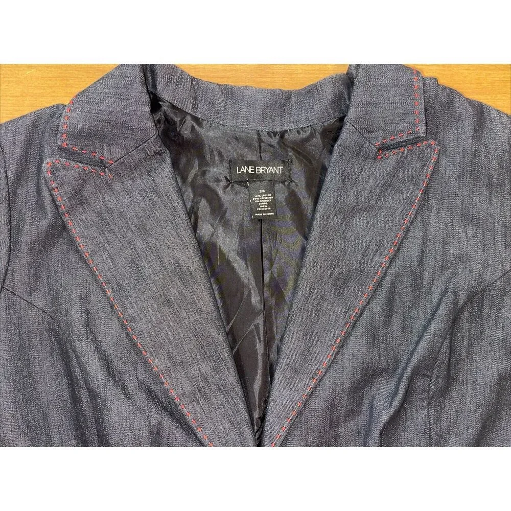 Lane Bryant Blazer Women 26‎ Dark Chambray Embroidered Red Stitched Peak Lapel